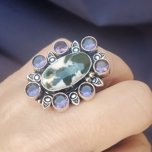 New Tree Agate and Amethyst 925 Silver Statement Ring. - Picture 8 of 16